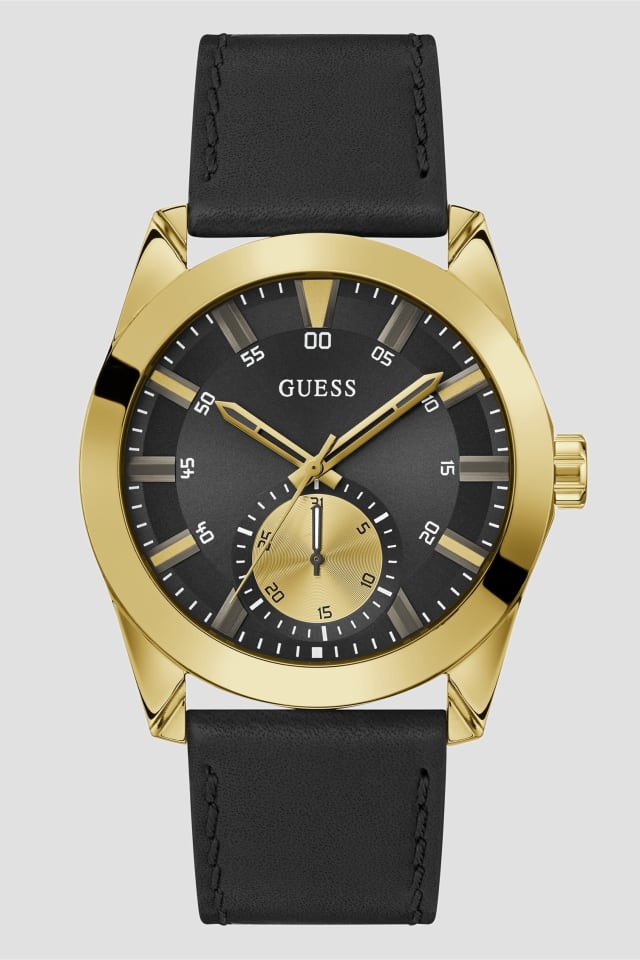 Black and Gold-Tone Multifunction Leather Watch