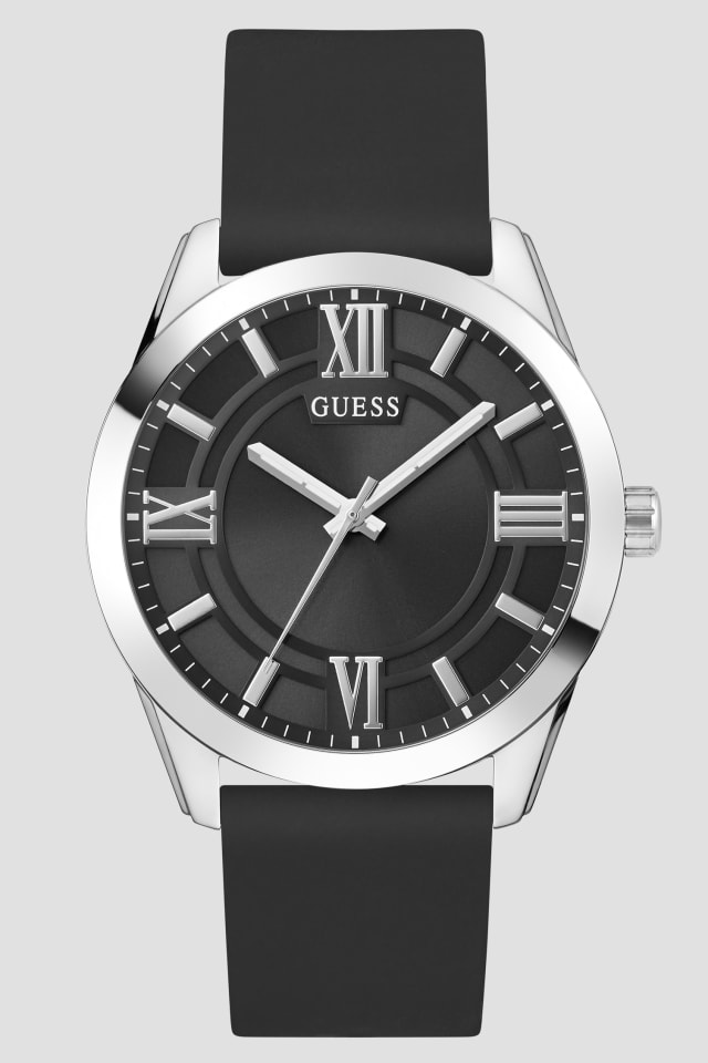 Montre analogique en silicone noir et ton argent&eacute;
