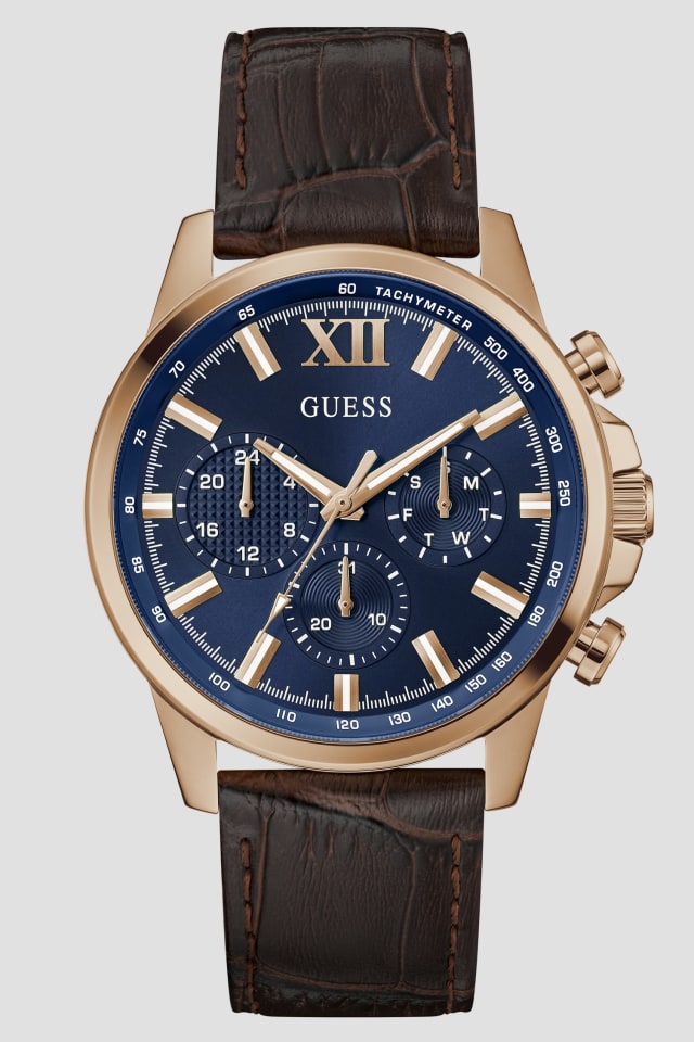 Rose Gold-Tone and Brown Leather Multifunction Watch