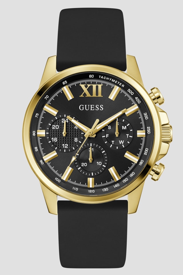 GUESS® Gold-Tone and Black Silicone Multifunction Watch