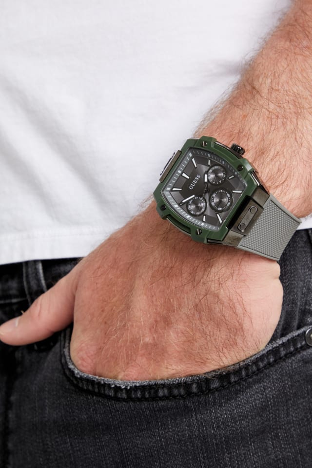 GUESS® Green and Grey Silicone Multifunction Watch Men