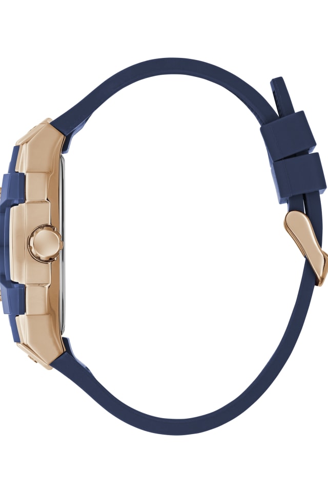 新品 GUESS Watches Bolt メンズ シリコンブレスレット GUESS® Rose Gold-Tone and Blue Silicone Multifunction Watch Men