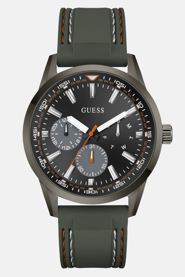 GUESS® Dark Silver-Tone and Green Silicone Multifunction Watch