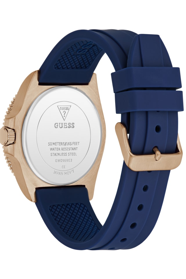 GUESS® Rose Gold-Tone and Blue Silicone Analog Watch Men