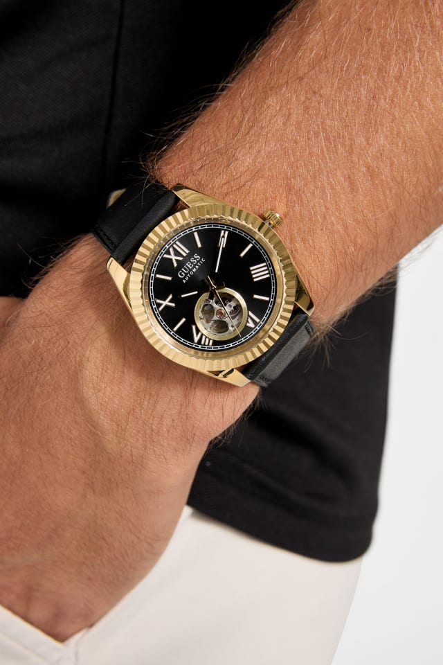 ど*ん様 GUESS メンズ 腕時計 ゴールド ブラック ラバーベルト GW0985G2-BLK-ALT1