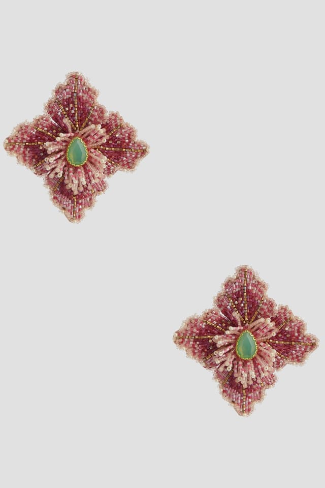 Pink Beaded Hibiscus Stud Earrings