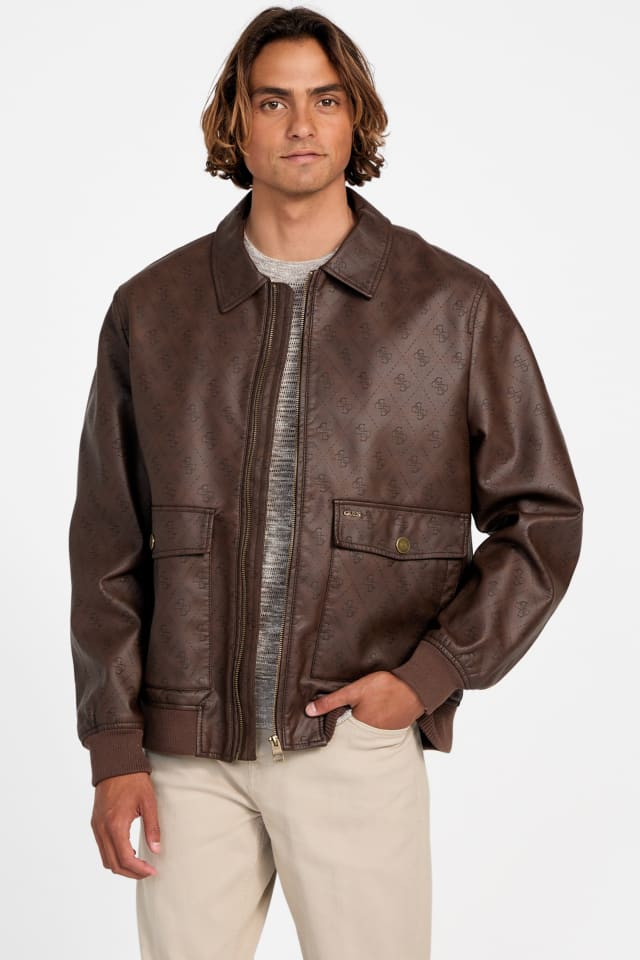 GUESS フライトジャケット ダークブラウン GUESS® Monogram Faux-Leather Aviator Jacket