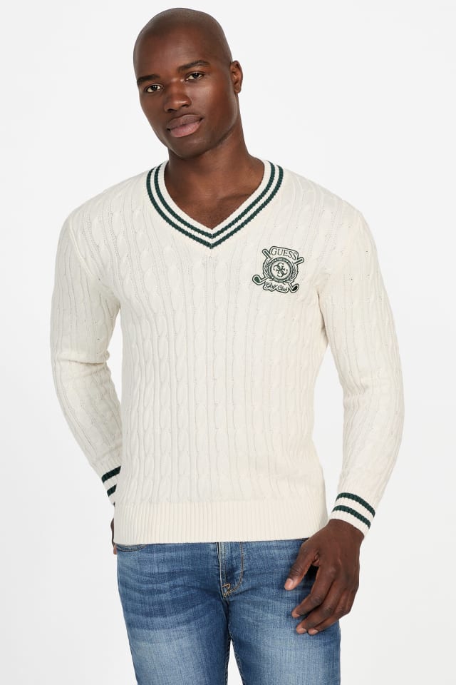【ホワイト】ニット/カノコ レイヤードツインニット <PERFORMANCE> (MENS) GUESS® Eco Hewie Cable-Knit Sweater