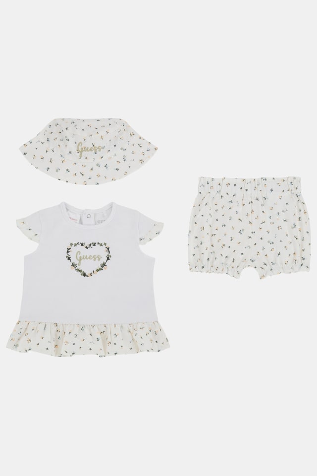 Ensemble tee-shirt &eacute;co &agrave; fleurs, short et chapeau seau (0-12 mois)