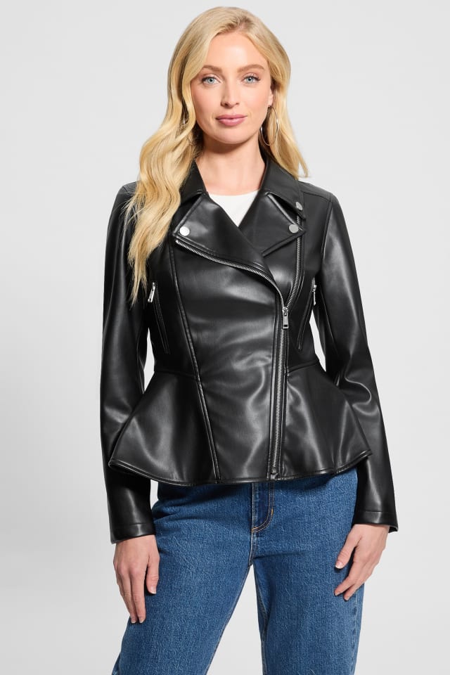 GUESS® Ivy Faux-Leather Peplum Moto Jacket