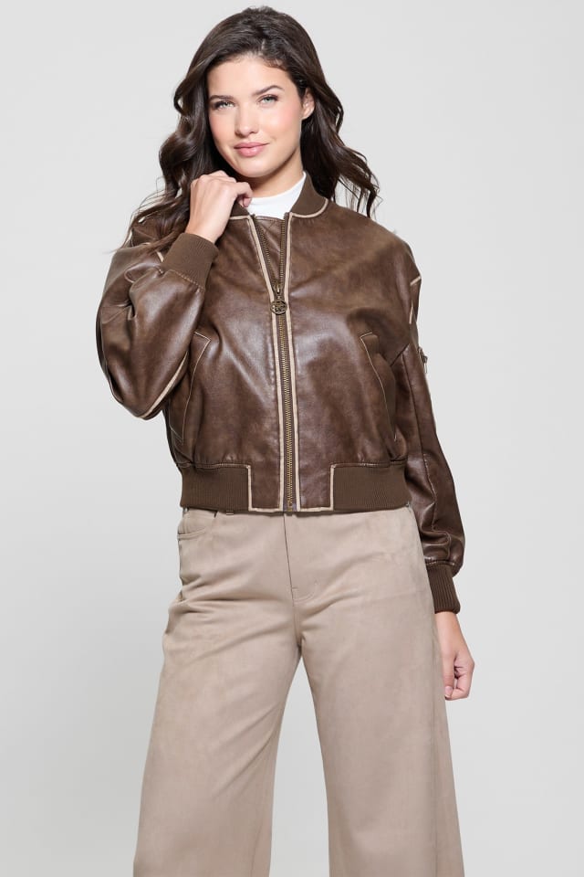 GUESS フライトジャケット ダークブラウン YOLENE Faux Shearling Biker ライダースジャケット アウター | GUESS