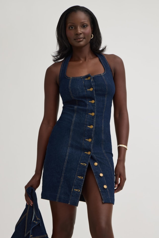 guess denim mini dress GUESS® Women Color:Indigo Chalk Stripe Kia Mini Dress - CLOTHING & FASHION Maxi dress True to size