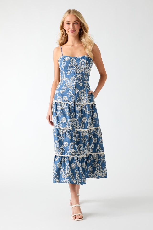 embroidered dress for women Stetson Women's Allover Denim a breezy silhouette Artisanal Embroidered Lace Dress -