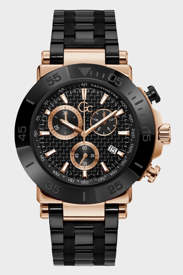 GUESS® Gc Black and Rose Gold-Tone Chronograph Watch