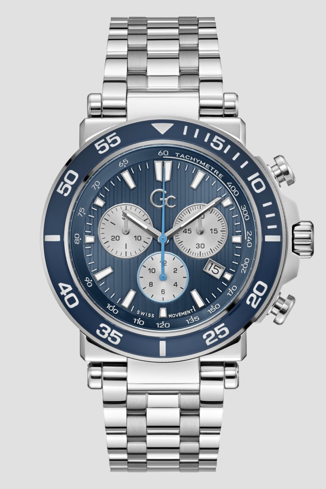 GUESS® Silver-Tone and Blue Chronograph Sport Watch