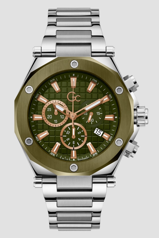 GUESS® Gc Silver and Green-Tone Metal Chronograph Watch