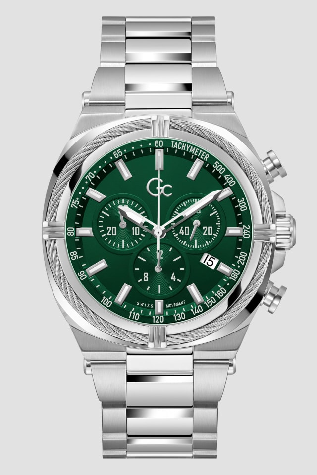 GUESS® Gc Silver-Tone and Green Chronograph Watch
