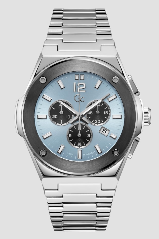 GUESS® Gc Silver-Tone and Light Blue Multifunction Watch
