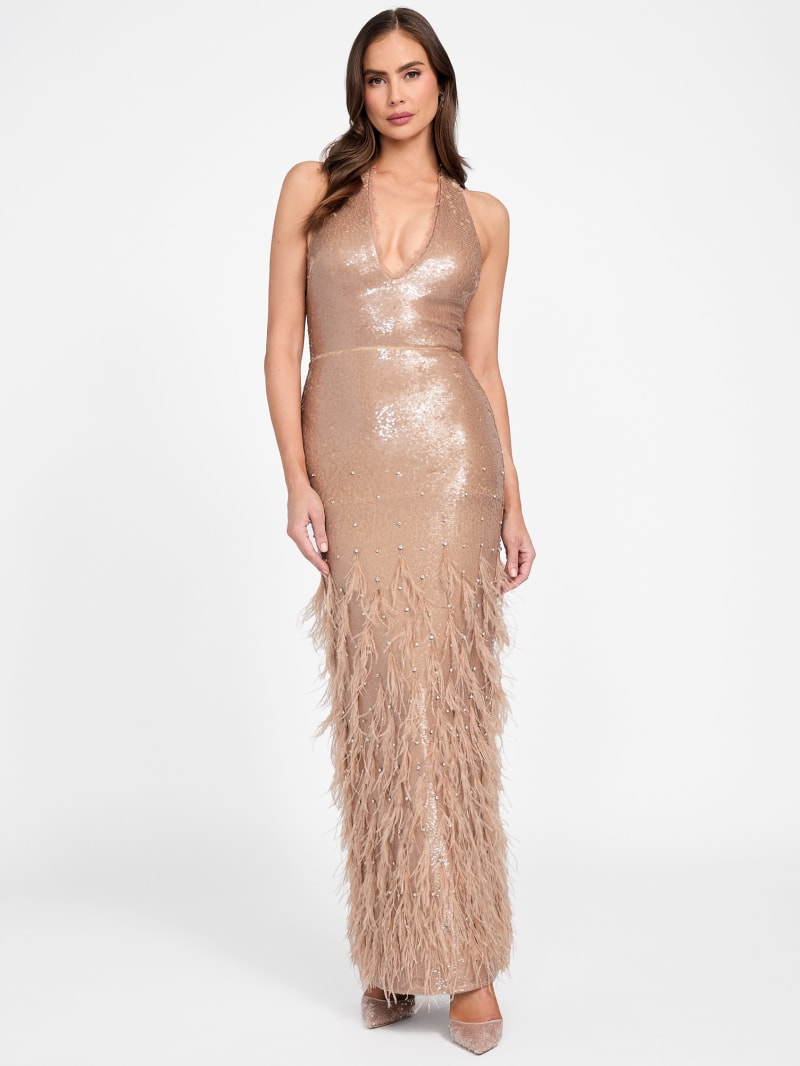 guess sequin dress with feathers Raya Feathered Gown