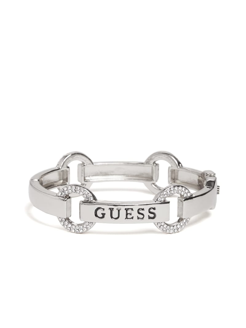 Silver Tone Rhinestone Logo Bangle Bracelet
