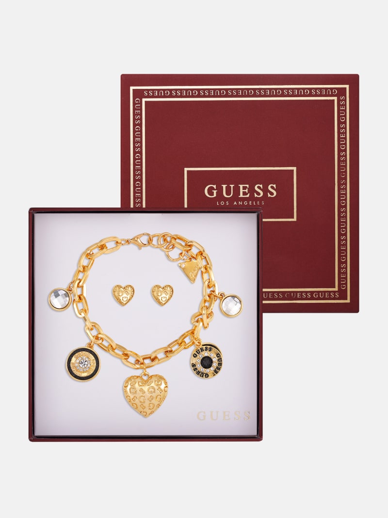 Gold Tone Heart Charm Bracelet and Earrings Box Set GUESS Factory