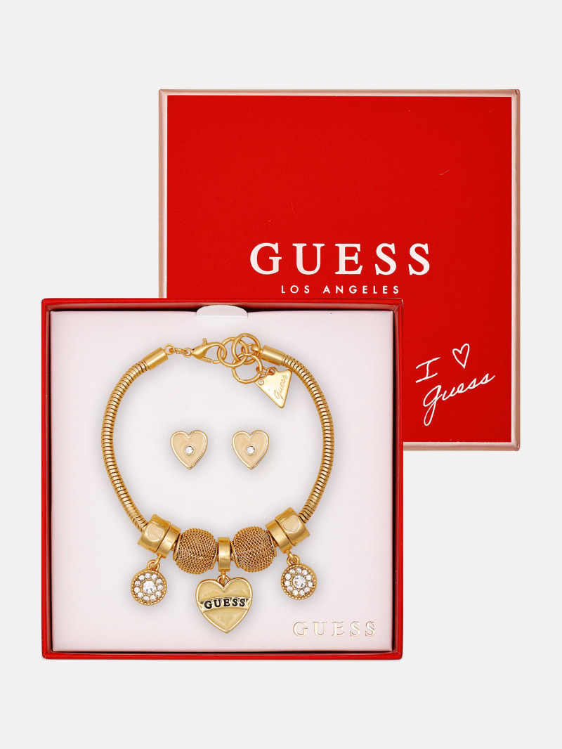 Gold-Tone Heart Charm Bracelet and Earrings Box Set