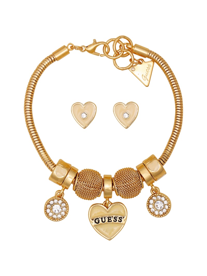 Gold-Tone Heart Charm Bracelet and Earrings Box Set