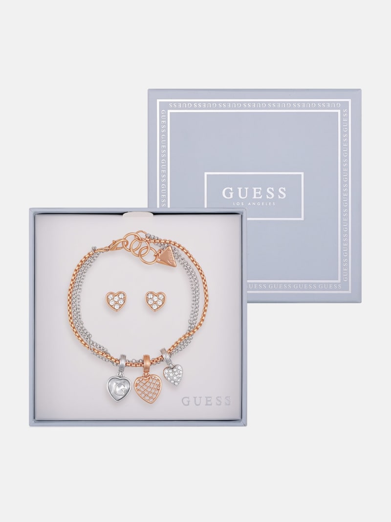 Mixed-Tone Heart Layered Bracelet and Earrings Box Set