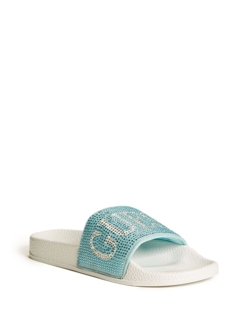 sass rhinestone logo slide sandals