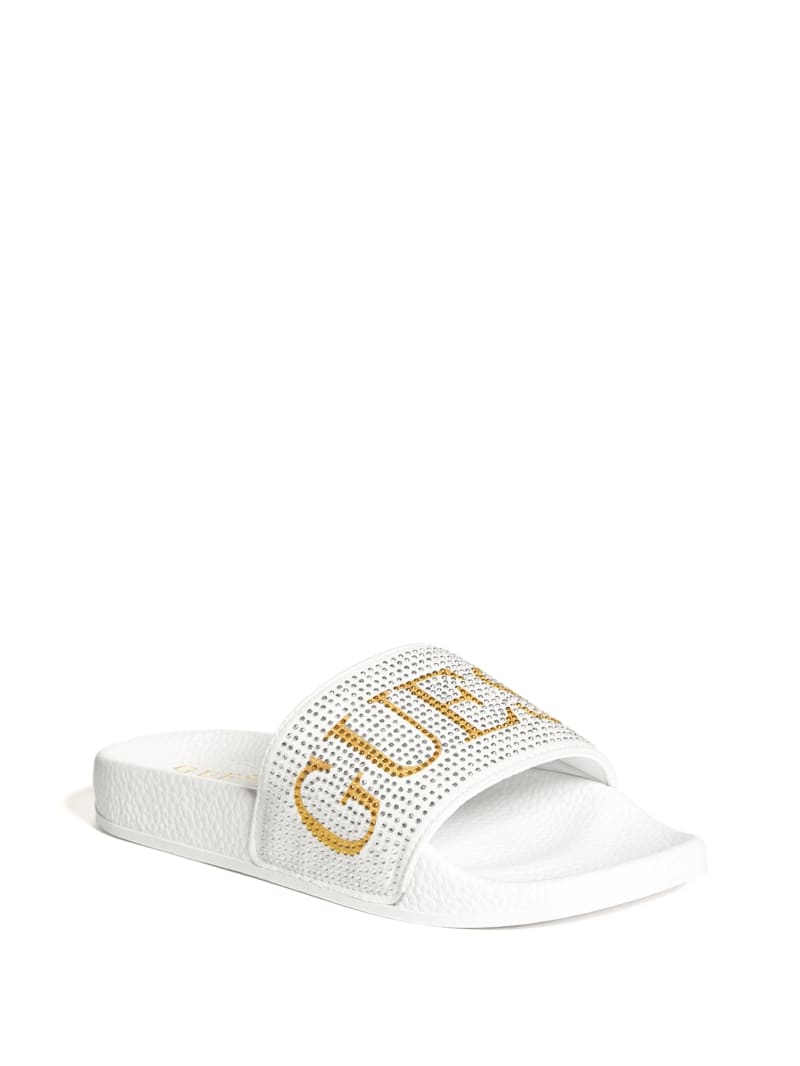 sass rhinestone logo slide sandals