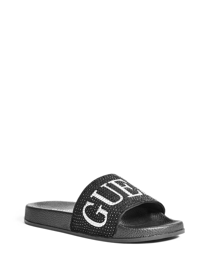 sass rhinestone logo slide sandals