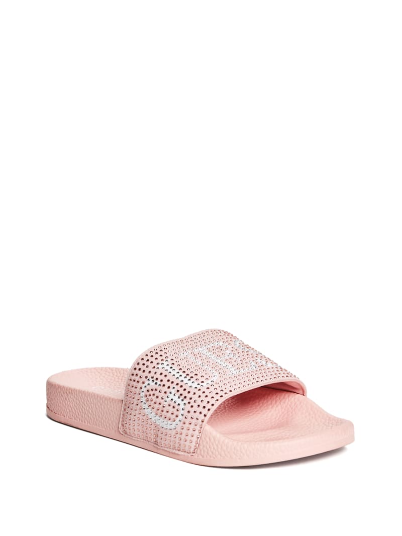 sass rhinestone logo slide sandals