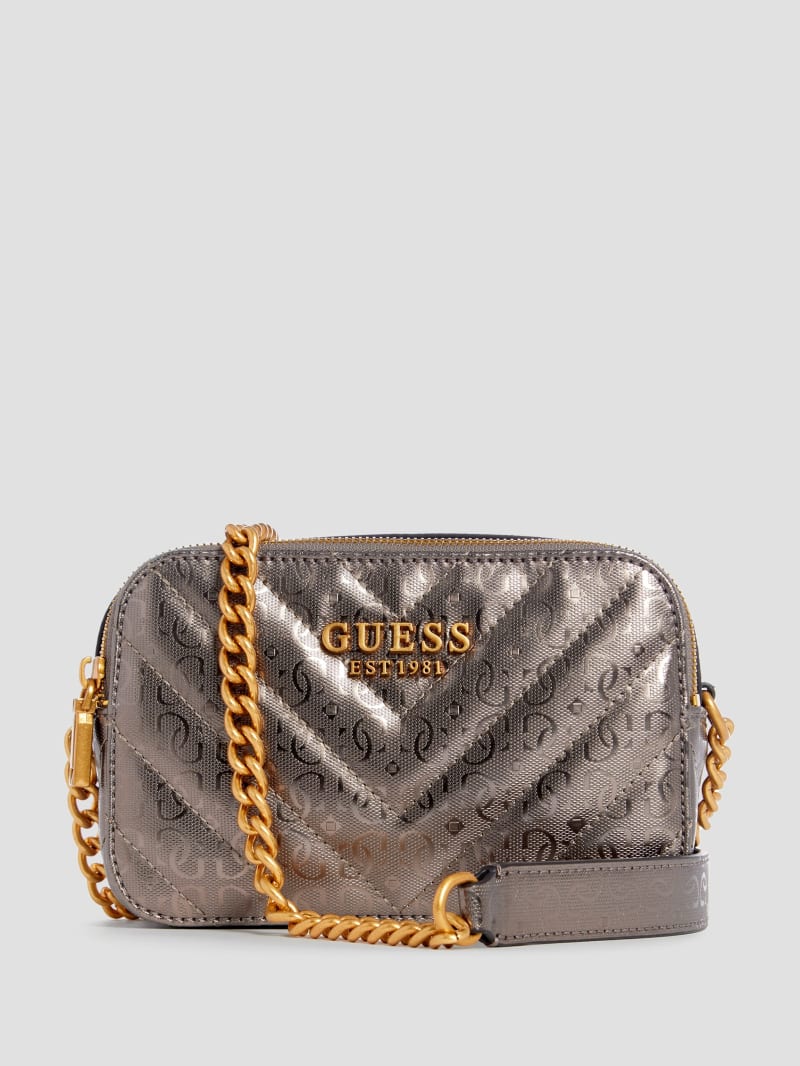 Jania Metallic Quilted Camera Crossbody GUESS