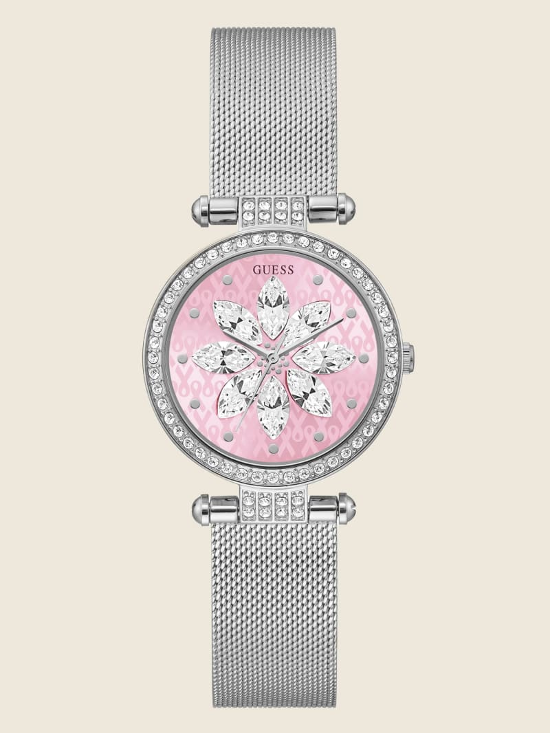 Sparkling Pink Silver-Tone Mesh Analog Watch