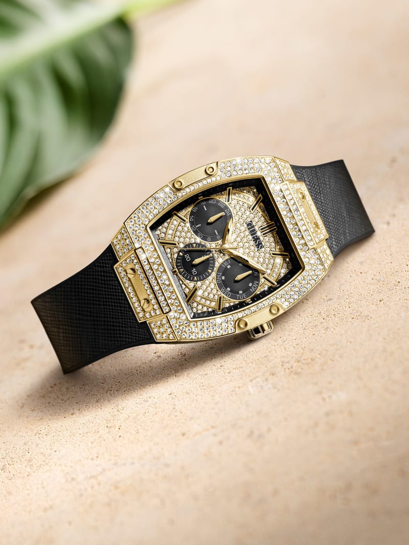 GUESS Mens Black Gold Tone Multi-function Watch