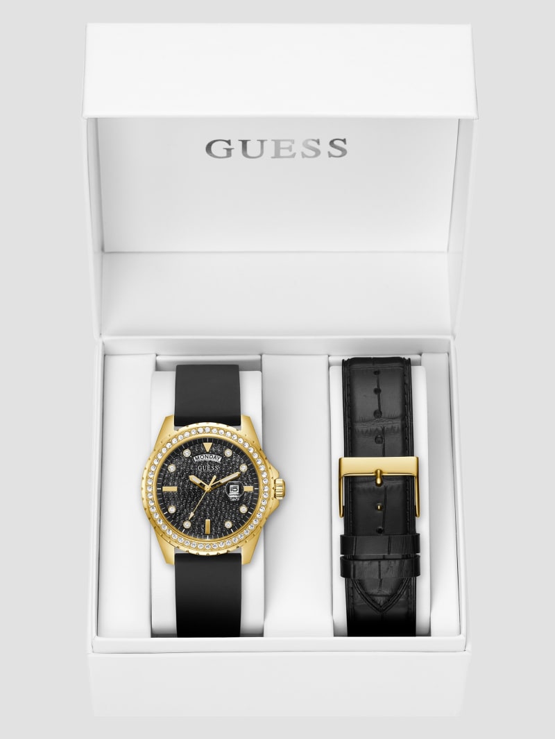 Gold-Tone and Black Crystal Analog Watch with Leather Strap