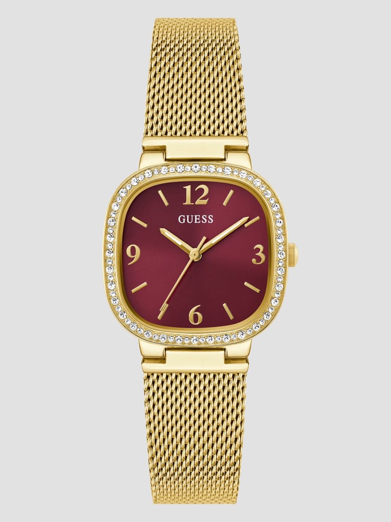 Burgundy and Gold-Tone Mesh Analog Watch