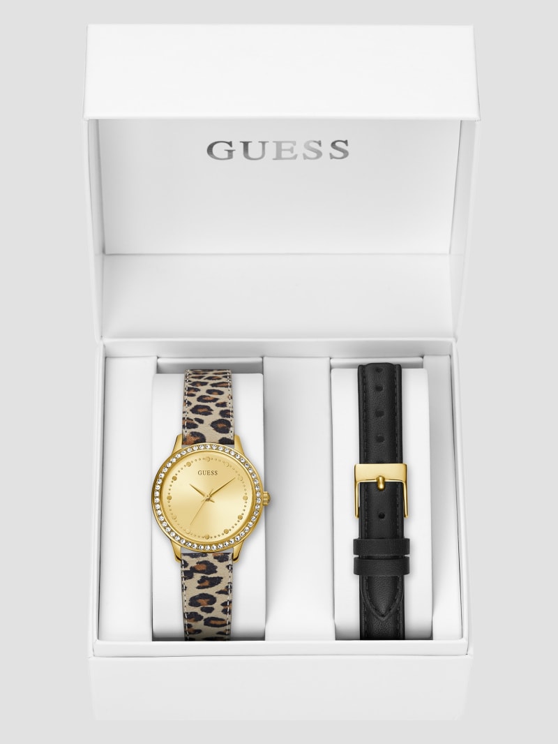 Gold Tone Crystal Analog Watch with Black Leather Strap GUESS