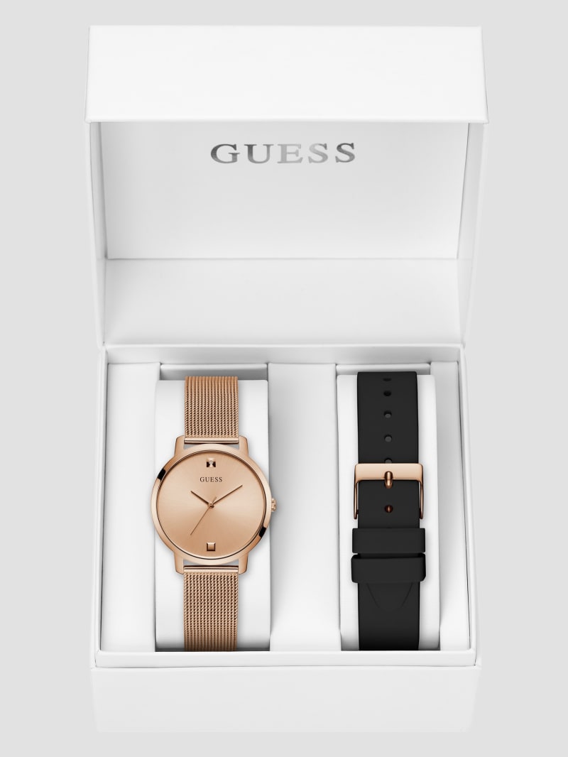 Rose Gold Tone Analog Watch with Black Silicone Strap GUESS