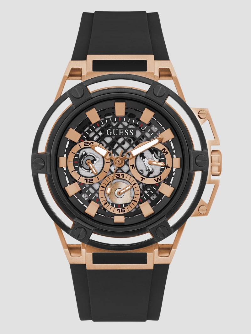 Rose Gold-Tone and Black Silicone Multifunction Watch