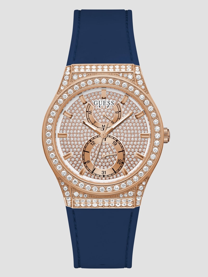 Crystal Rose Gold-Tone and Blue Silicone Multifunction Watch