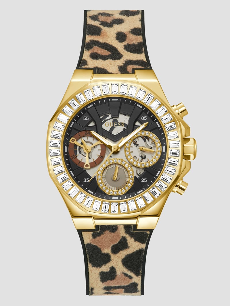 Gold-Tone and Animal Print Silicone Multifunction Watch