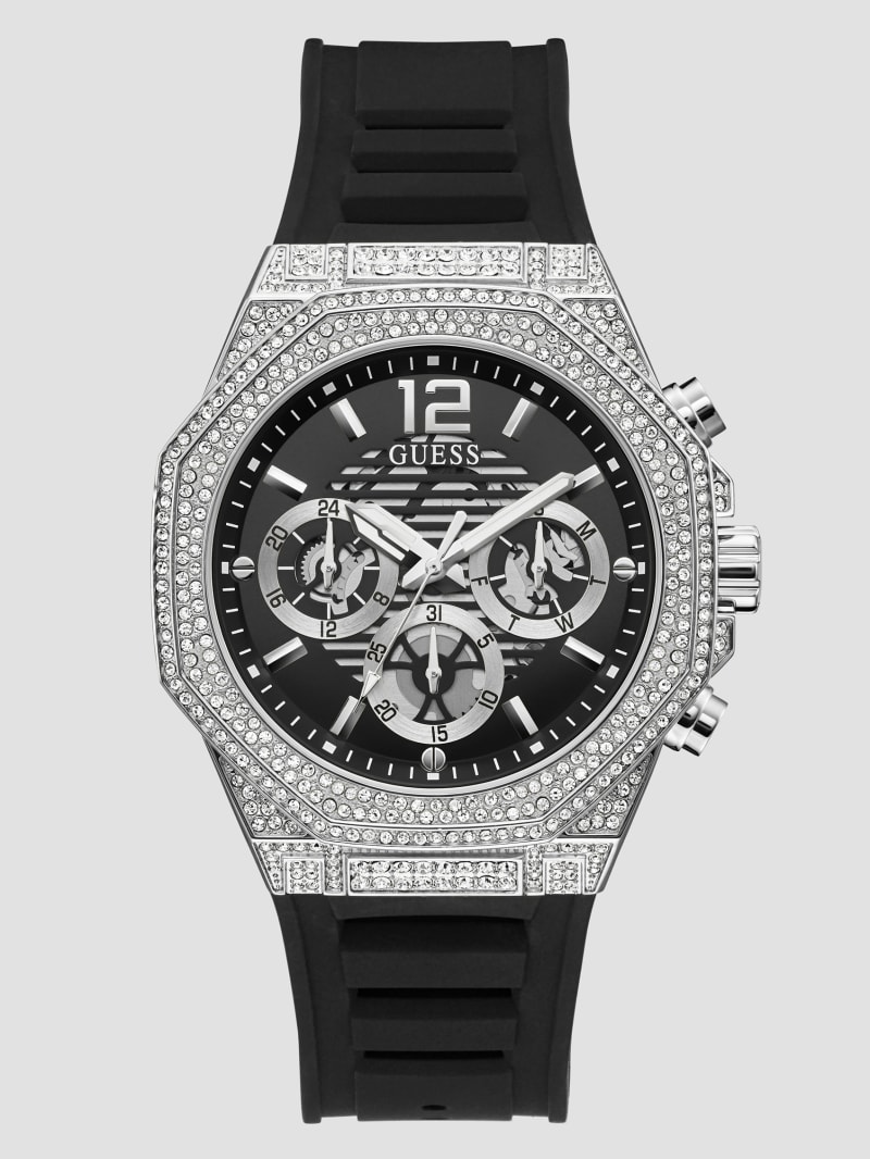 SilverTone and Black Silicone Multifunction Watch GUESS
