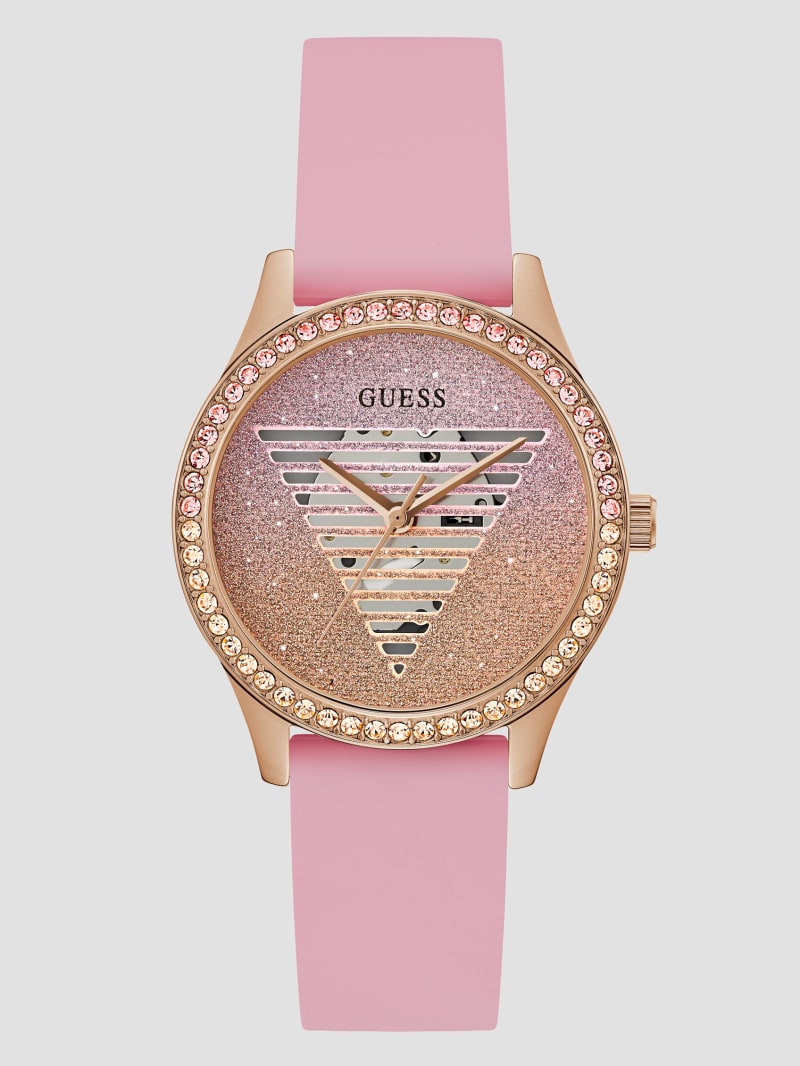 Glitter See-Through Logo and Pink Silicone Analog Watch