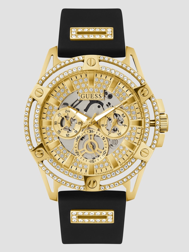 Cut-Through Gold-Tone and Black Silicone Multifunction Watch 