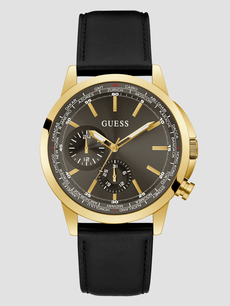 GUESS Gold-Tone Multifunction Black and | Watch Leather