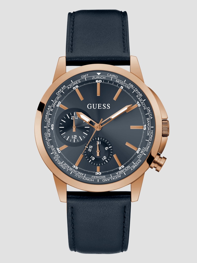 Rose Gold-Tone and Navy Leather Multifunction Watch | GUESS