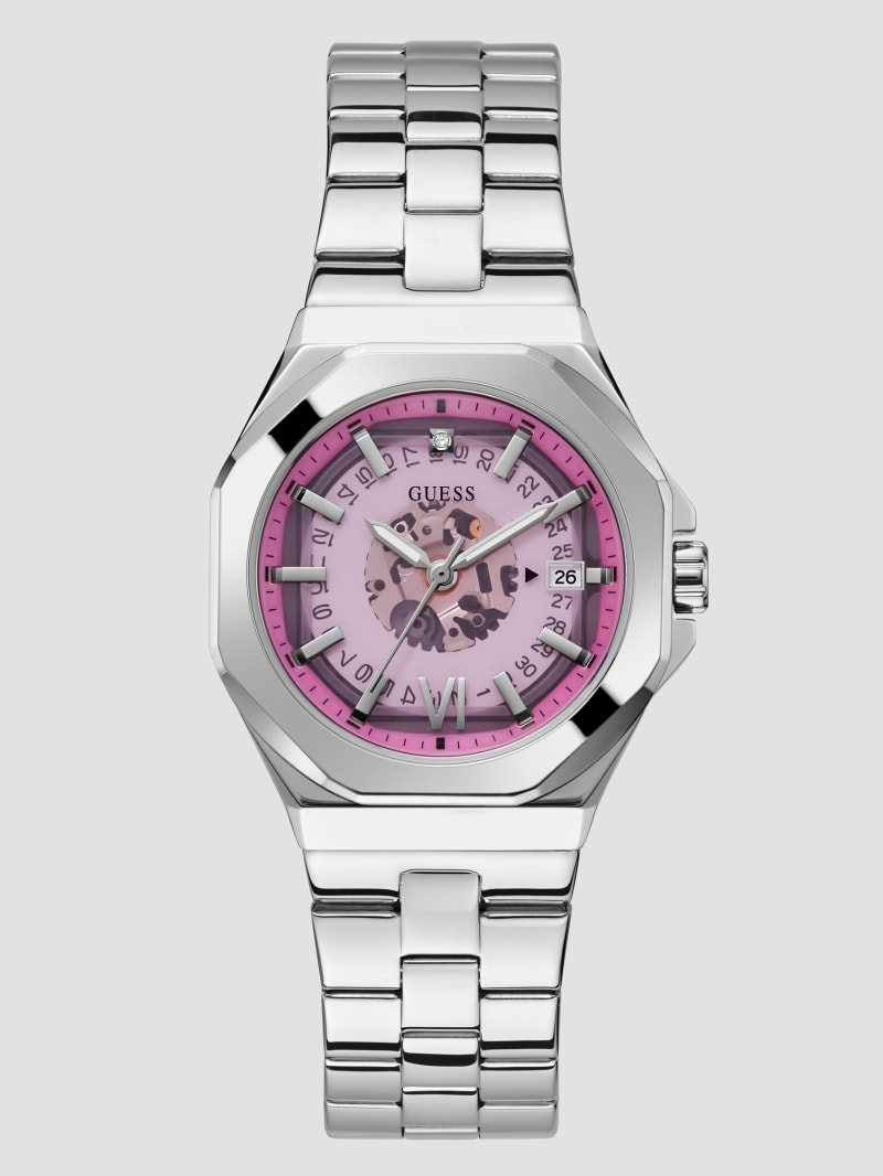 Silver Tone and Pink Diamond Analog Watch