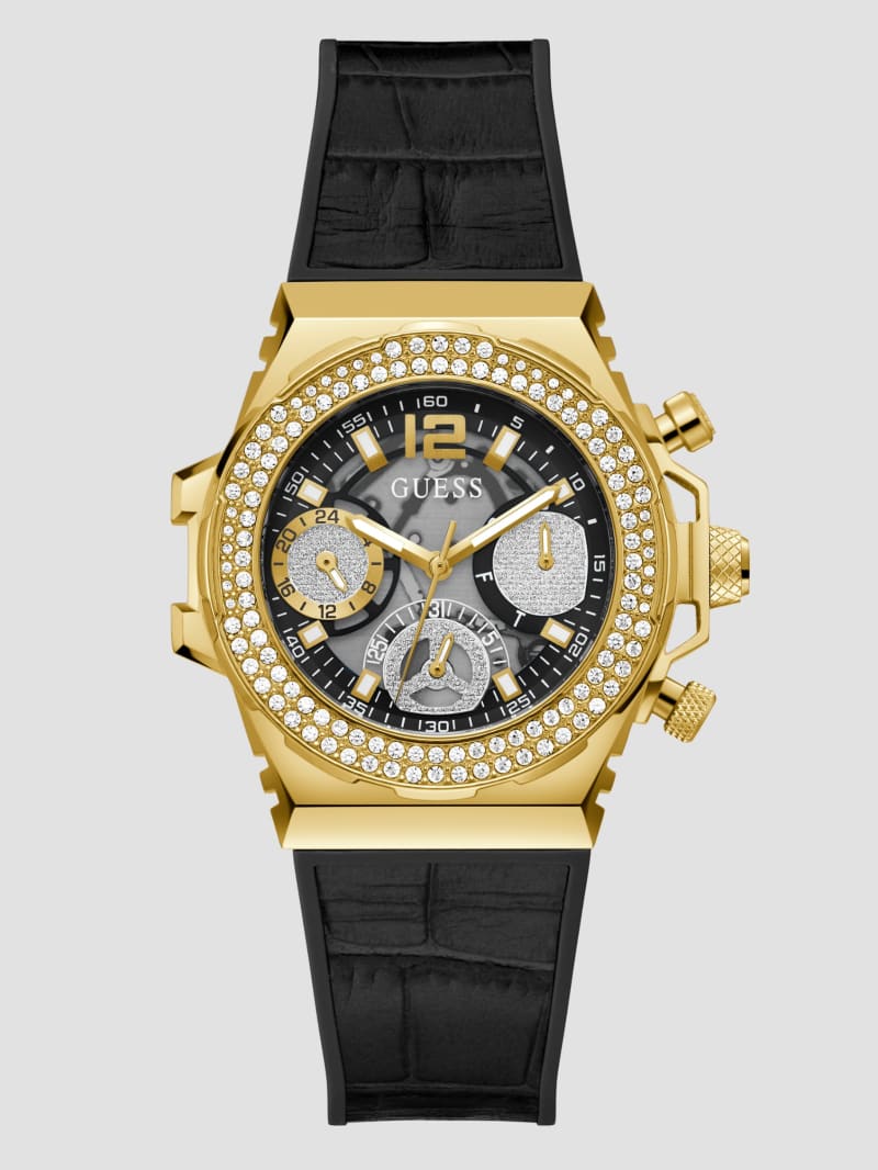 Gold-Tone and Black Crocodile Leather Multifunction Watch