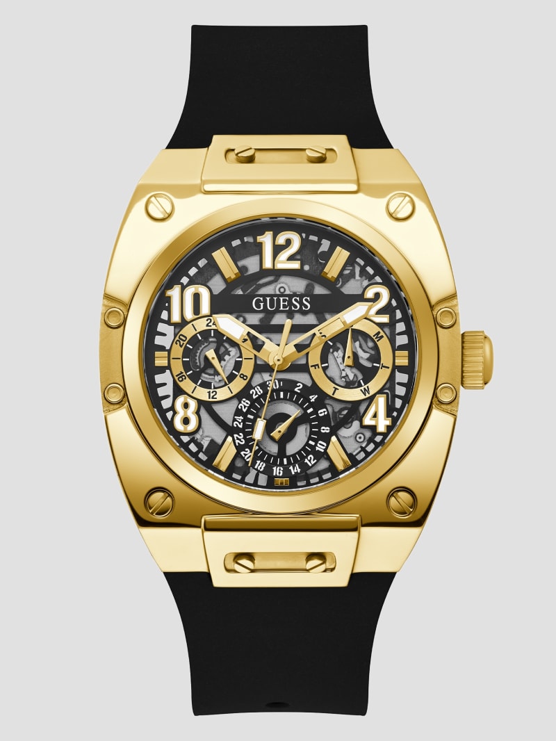 Gold-Tone and Black Silicone Multifunctional Watch